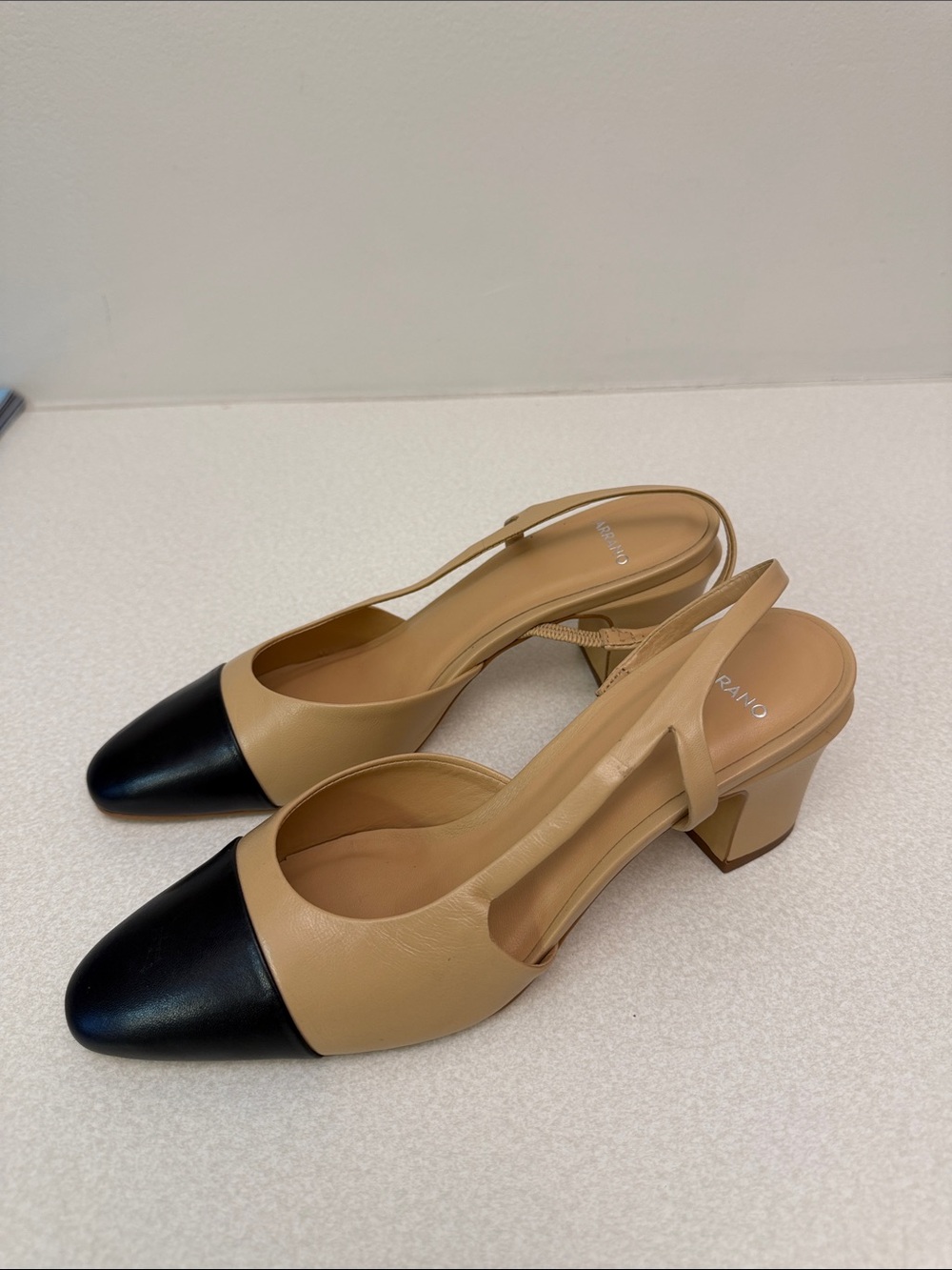 NWOT Two-Tone Beige and Black Slingback Block Heel Pumps